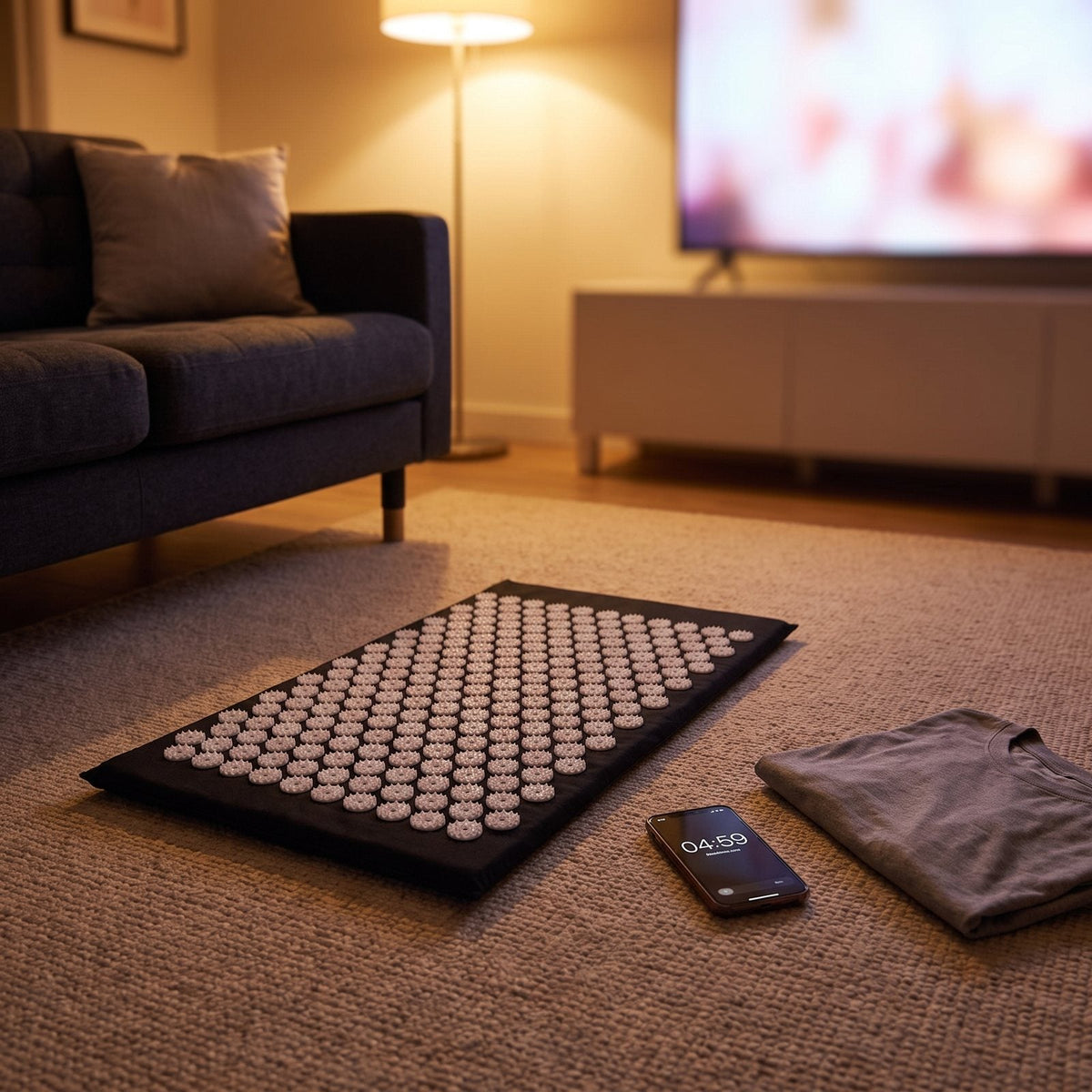On the living-room floor, timer running