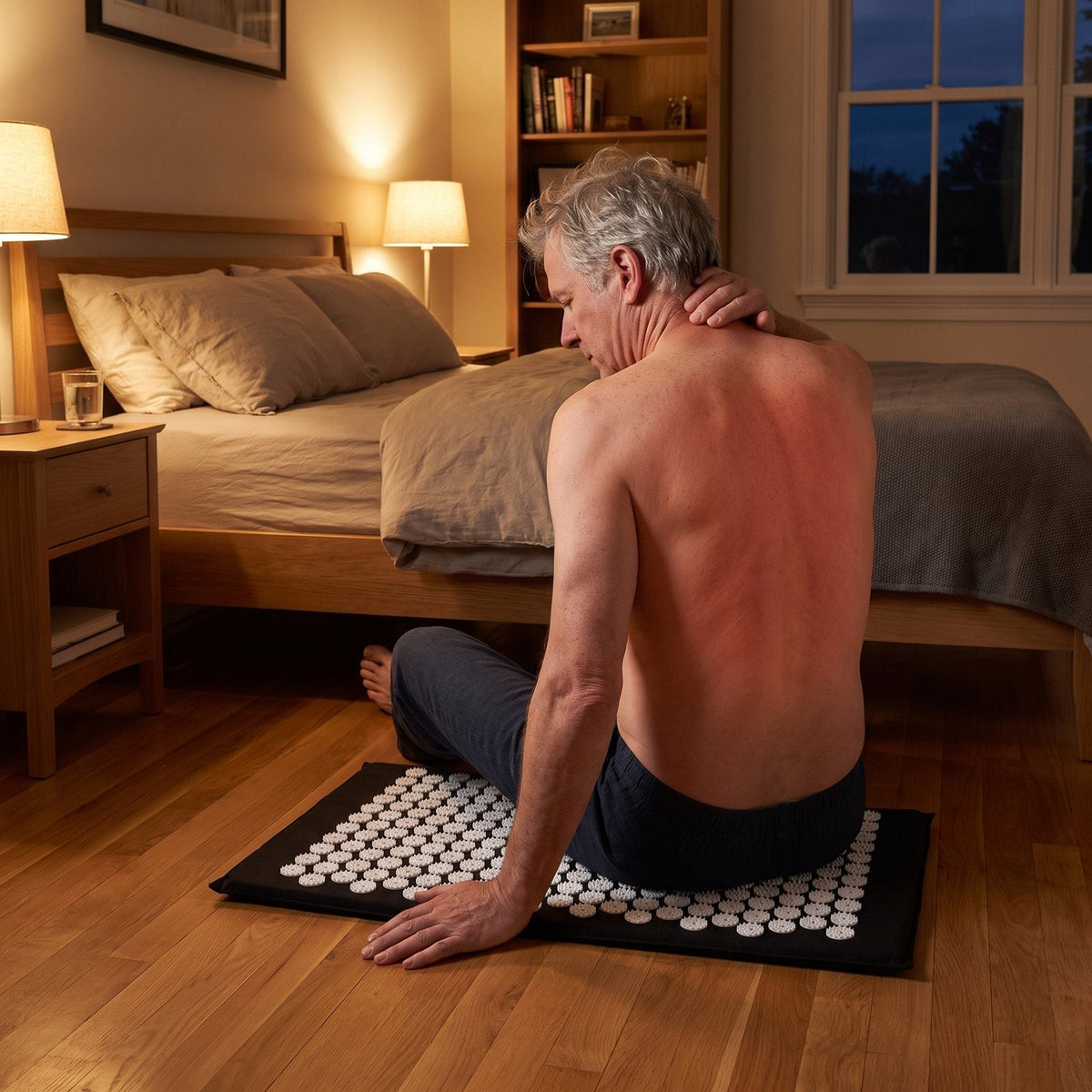 Sitting up from the mat beside the bed